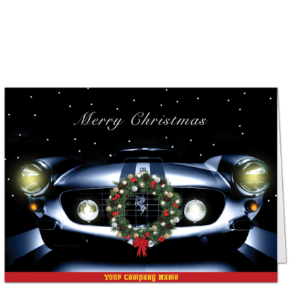 Classic Car Christmas Cards Ferrari Go Zoom 4111 A vintage Ferrari adorned with a holiday wreath.