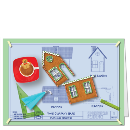 Architects Christmas Card Holiday Design Build 4113 Schematics for a gingerbread house, including deliciously decorated cookies!