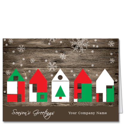 Business Christmas Cards With Printed Signatures Holiday Village 3 4136 Candy starlight houses on a wood background with festive little snowflakes.