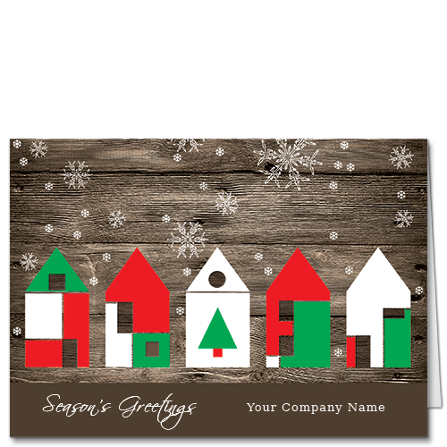 Business Christmas Cards With Printed Signatures Holiday Village 3 4136 Candy starlight houses on a wood background with festive little snowflakes.