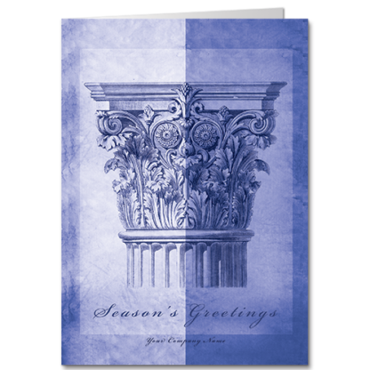 Architecture Christmas Cards Winter Corinthian 4140 An ornate corinthian capital sketched in shades of blue and a holiday greeting in script font.
