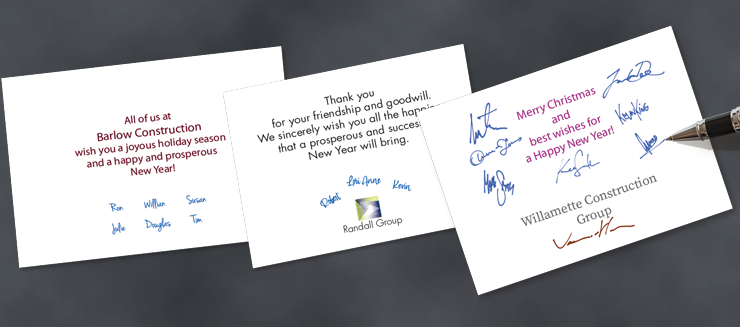 images of christmas cards with printed signatures, both hand written and script font types