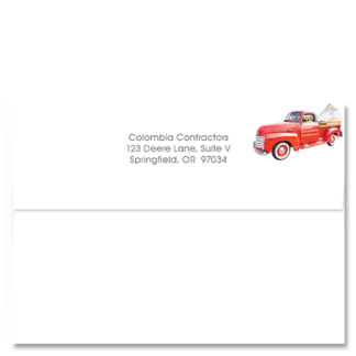 Image of Cardphile's custom FlapArt envelopes with a vintage red truck and doggo