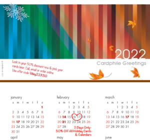 full color image of cardphile 2022 greeting calendar with Valentine Sale dates marked