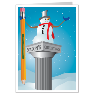 Snowman On Ionic Column With Pencil Before Customer Requested Custom Business Holiday Card Design Changes