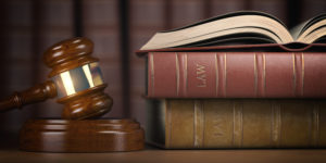 Law books and judges gavel in shades or brown.