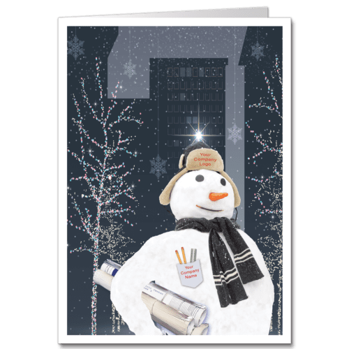 Engineer or architect Christmas card features cute snowman with cap scarf and blueprints