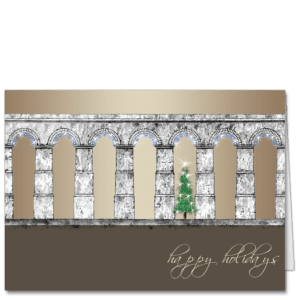 Elegant architectural holiday card design with an ancient arcade illuminated with subtle lights in the arches and featuring a single Christmas tree nestled in one of the openings.