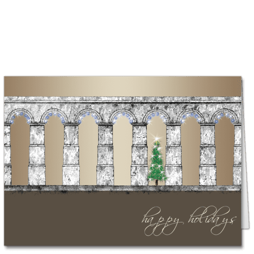 Elegant architectural holiday card design with an ancient arcade illuminated with subtle lights in the arches and featuring a single Christmas tree nestled in one of the openings.
