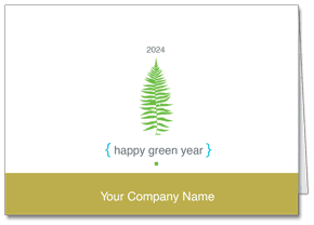 Corporate New Year's Card With A Bright Green Fern On A White Background And The Year 2024. It Includes An Olive Band On The Bottom Where You Can Personalize With Your Company Name.