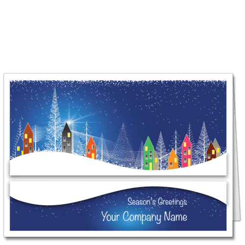 Holiday Cards for Business Winter Village Blue with Colorful Village Houses and a Snowy Winter Foreground Scene Featuring Your Company Name on the Card Front