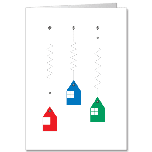 Three houses with 4 square windows, one red, one blue, one green, hanging like ornaments from a tree.