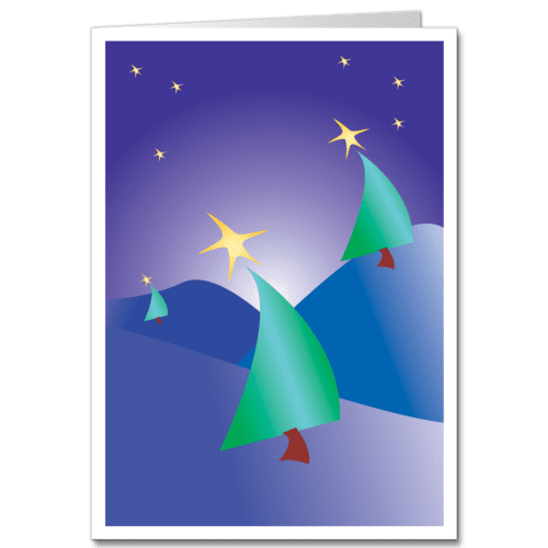 Business Christmas Card With Purple Night Sky, Stars, and Three Swirly Green Trees.
