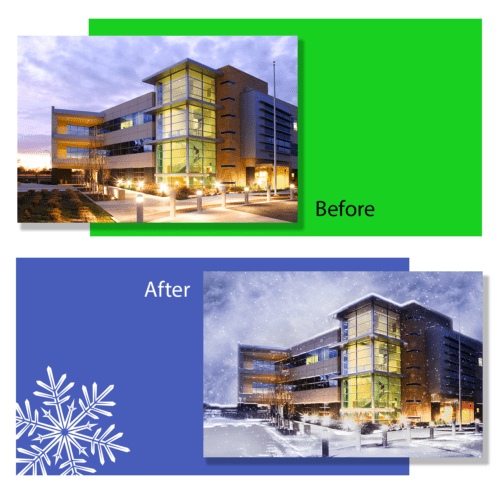Modern Commercial Building Shown Before & After Cardphile's Winterize My Photo Treatment to Transform to Snowy Version .