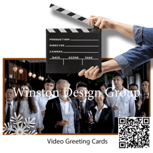 Movie Clapper in Front of Office Team Toasting the Holidays & It Links to Cardphile's Video Greeting Cards Product