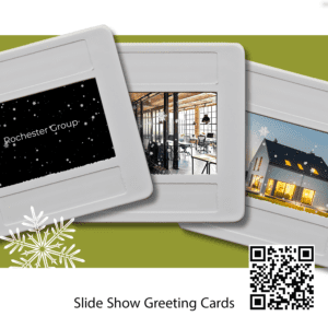 Three Old School Style Slides Showing Intro, Office & House With Snowflakes & It Links to Cardphile's Slide Show Greeting Cards Product