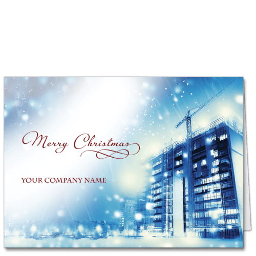 Construction Company Christmas Card With Crane and Modern Office Tower Features Your Company Name on Front