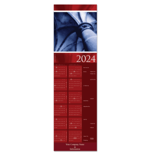 This calendar holiday card for business features elegant vaulted arches in rich blue and red hues.
