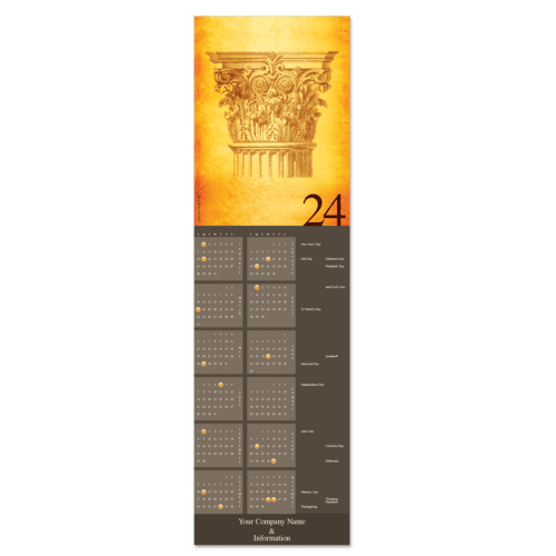 This 12 month business calendar card features a Corinthian column at the top in rich golden hues