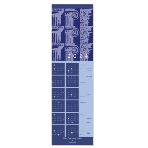 A business calendar card for architects featuring architectural column capitals in shades of blue.