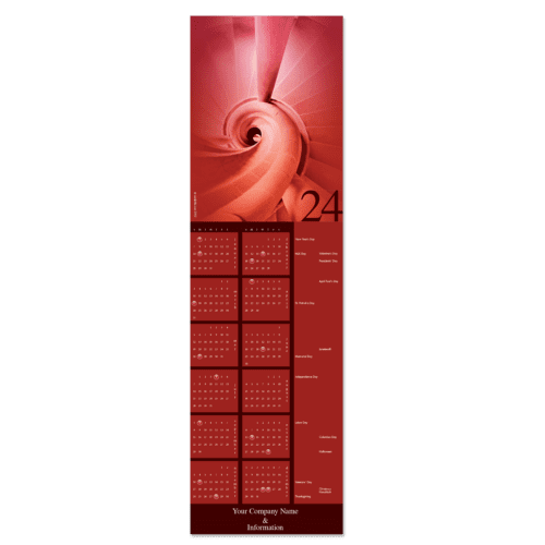 Calendar greeting card with stone spiral stair column in rich red hues.