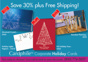 cardphile 30% summer sale postcard featuring 3 business holiday cards