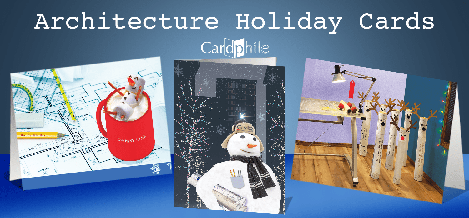 three architectural holiday cards featuring blueprints, snowmen and reindeer - links to complete architecture cards category