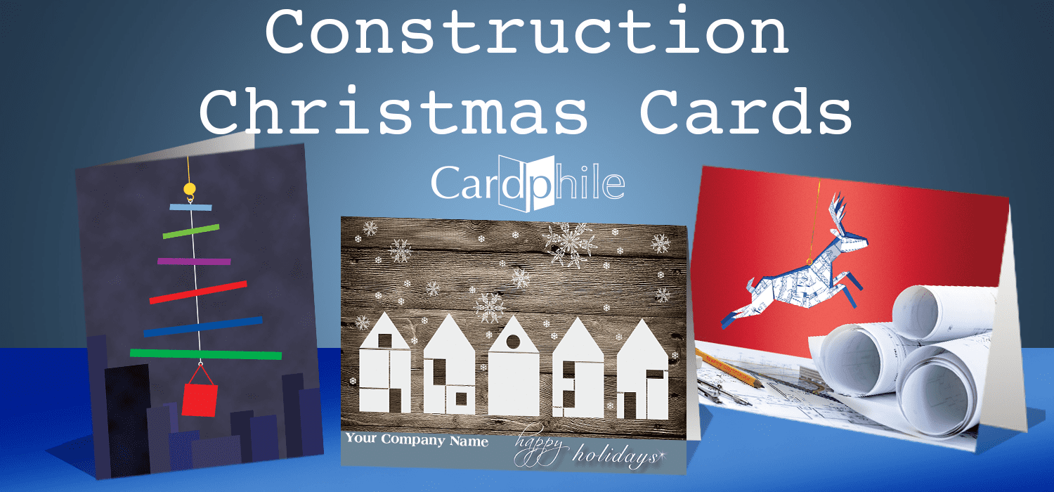 three construction christmas cards featuring blueprints, houses, steel beams & reindeer - links to complete construction christmas cards category