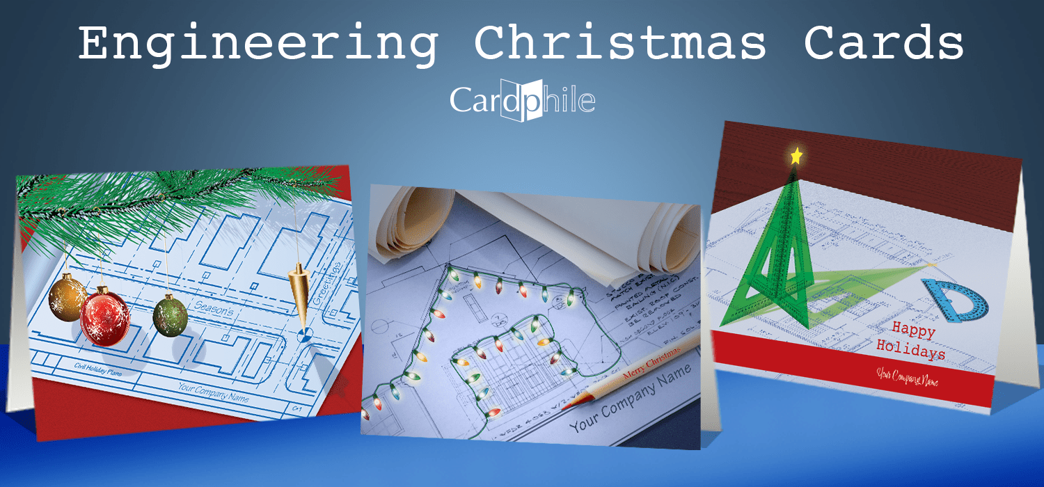three engineering christmas cards featuring blueprints, house plans, and green set square xmas tree - links to complete engineering christmas cards category