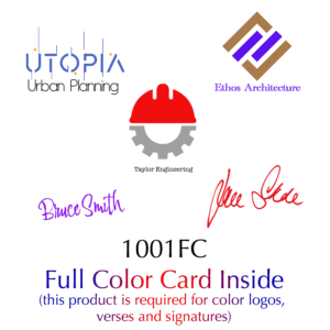Logos and printed signatures in full color inside your holiday cards. Image links to add full color printing to your order.