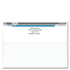 Custom design self-sealing FlapArt envelope in teal and grey with snowflakes & printed with your return address.