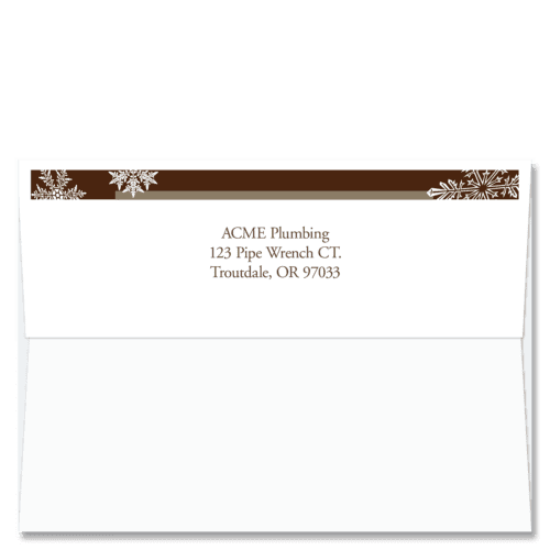 Custom design self-sealing FlapArt envelope in rust and taupe with snowflakes & printed with your return address.