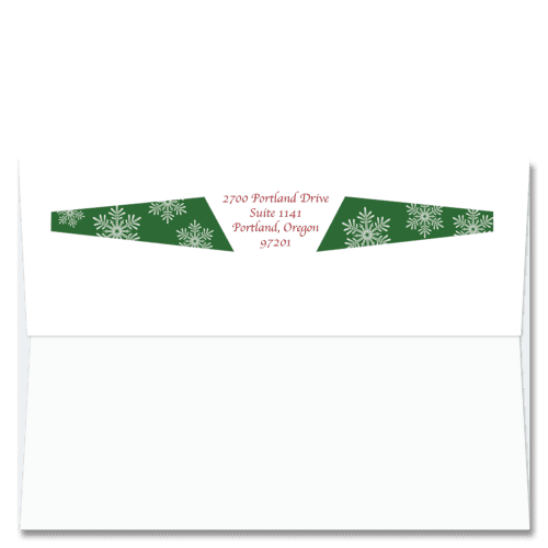 Custom design self-sealing FlapArt envelope with snowflakes on green decorative elements and printed with your return address.