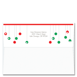 Custom design self-sealing FlapArt envelope with red and green abstract ornaments and printed with your return address.