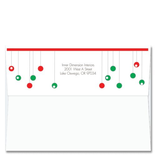 Custom design self-sealing FlapArt envelope with red and green abstract ornaments and printed with your return address.