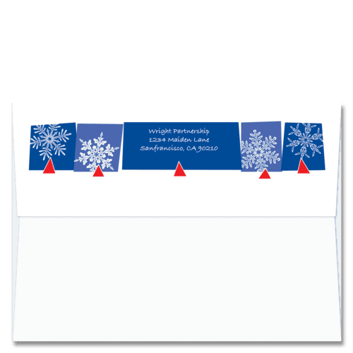 Custom design self-sealing FlapArt envelope with white snowflakes on a bright blue background and printed with your return address.