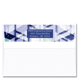 Custom design self-sealing FlapArt envelope with deep blue abstract architectural elements and printed with your return address.