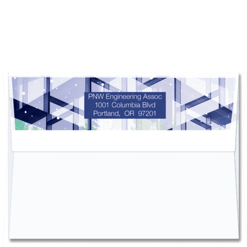 Custom design self-sealing FlapArt envelope with deep blue abstract architectural elements and printed with your return address.