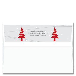 Custom design self-sealing FlapArt envelope with bright red abstract christmas trees and printed with your return address.