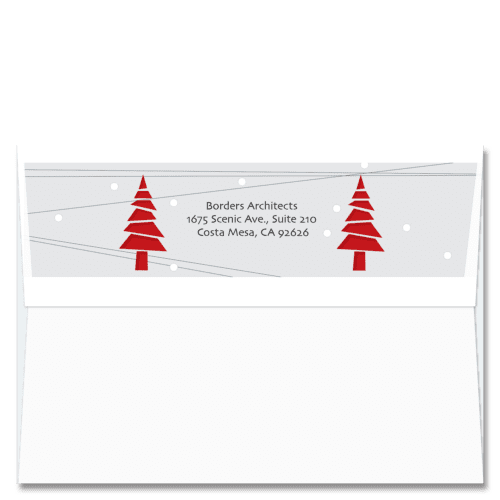 Custom design self-sealing FlapArt envelope with bright red abstract christmas trees and printed with your return address.