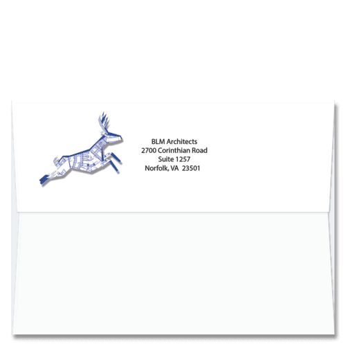 Custom design self-sealing FlapArt envelope with blueprint origami reindeer and printed with your return address.
