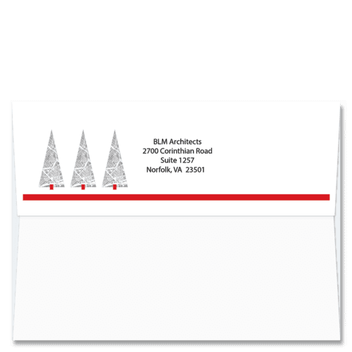 Custom design self-sealing FlapArt envelope with navy and red abstract abstract trees and printed with your return address.