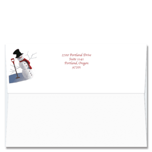 Custom design self-sealing FlapArt envelope with cheerful snowman wearing a red scarf and black top hat and printed with your return address.