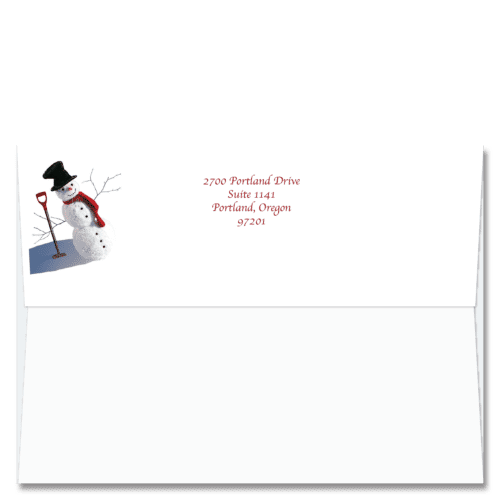 Custom design self-sealing FlapArt envelope with cheerful snowman wearing a red scarf and black top hat and printed with your return address.