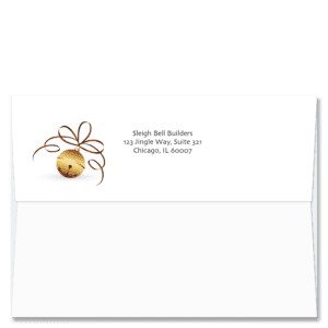 Custom design self-sealing FlapArt envelope with gold hued sleigh bell and red ribbon and printed with your return address.