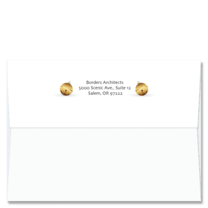 Custom design self-sealing FlapArt envelope with a gold hued sleigh bell on either side of your printed return address.