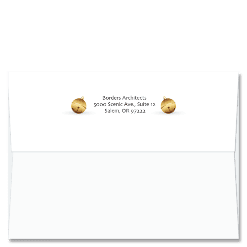 Custom design self-sealing FlapArt envelope with a gold hued sleigh bell on either side of your printed return address.