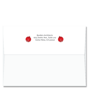 Custom design self-sealing FlapArt envelope with a cheerful red sleigh bell on either side of your printed return address.