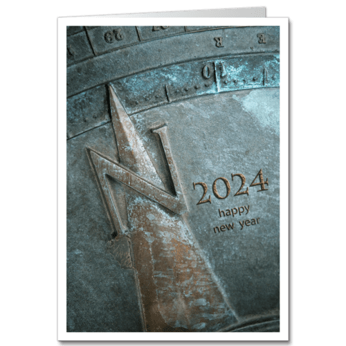 New Year Cards image of a verdigris aged sun dial holiday card.