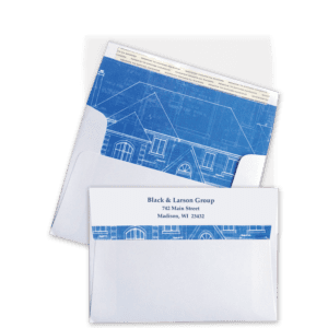 Specialty custom blueprint envelopes feature a residential blueprint interior and a small strip of blueprint below your return address.